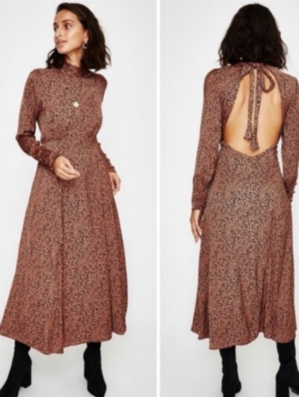 Free People Burnt Orange Printed Long-Sleeve Open-Back Midi Dress